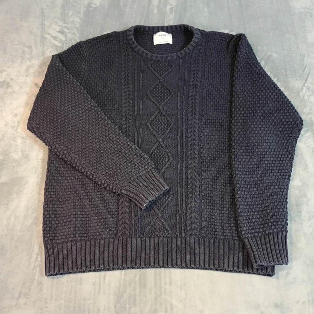 Old Navy Mens XL Navy Blue Cable Knit Waffle Textured Crewneck Sweater Pullover